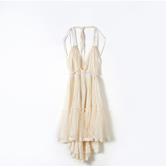 New Boho Flirty Tulle Dot Ruffle Halter Mini Dress Off White Cream Ivory - Picture 9 of 12